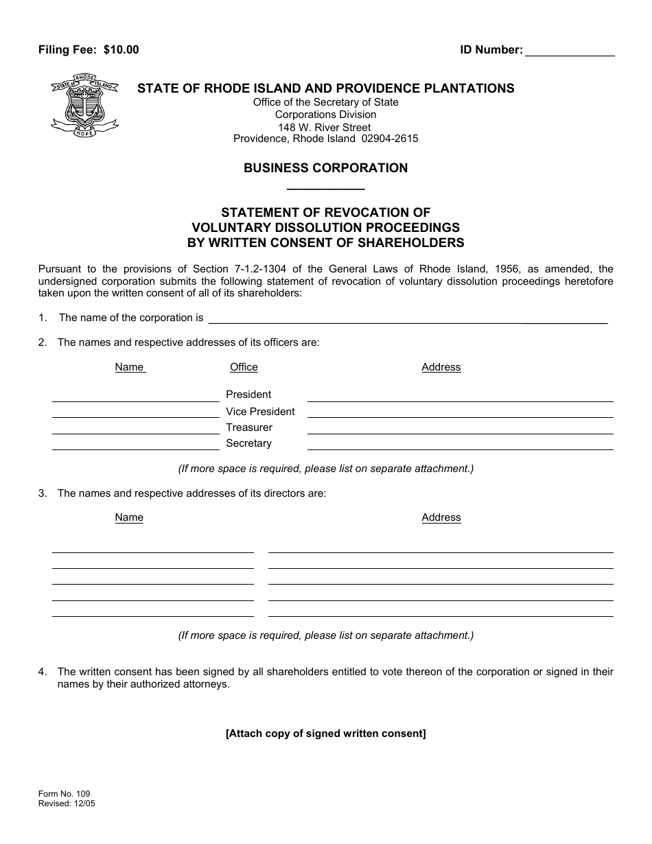 Form 109 Statement of Revocation of Voluntary Dissolution Proceedings by Written Consent of Shareholders - Rhode Island, Page 2