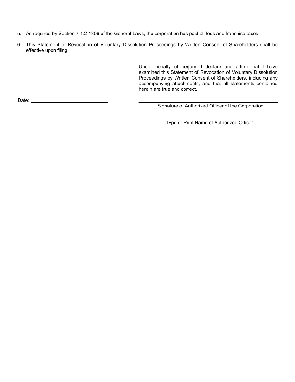 Form 109 Statement of Revocation of Voluntary Dissolution Proceedings by Written Consent of Shareholders - Rhode Island, Page 3