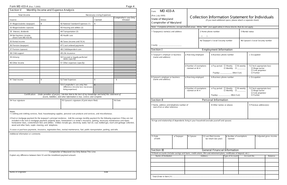 Form MD433-A Collection Information Statement for Individuals - Maryland, Page 1