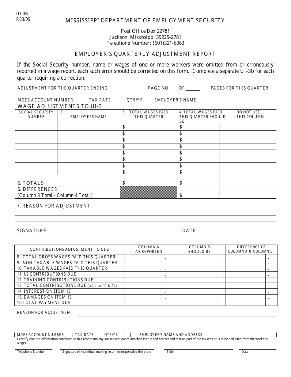Form UI-3B Employers Quarterly Adjustment Report - Mississippi, Page 1