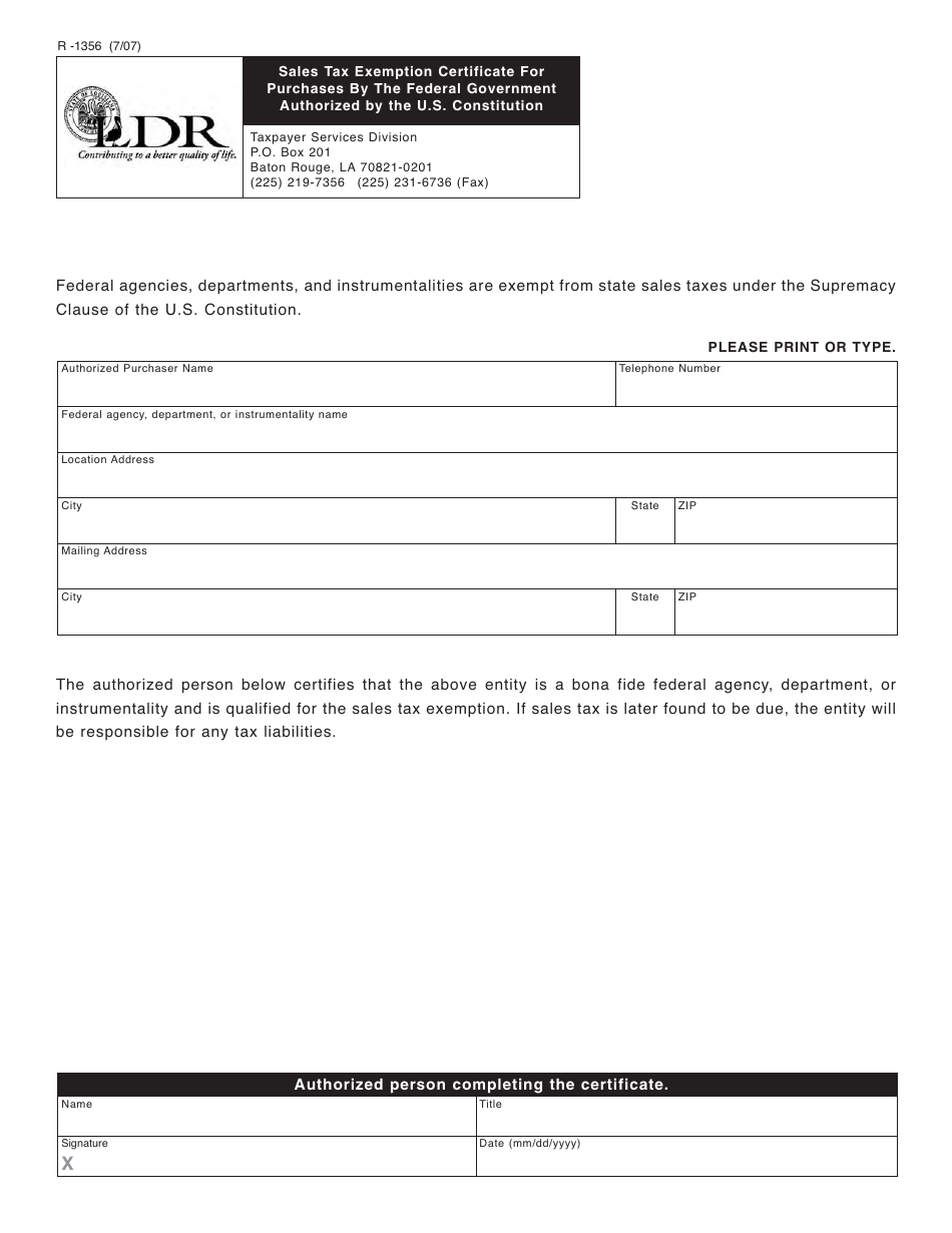 Form R-1356 Sales Tax Exemption Certificate for Purchases by the Federal Government Authorized by the U.S. Constitution - Louisiana, Page 1