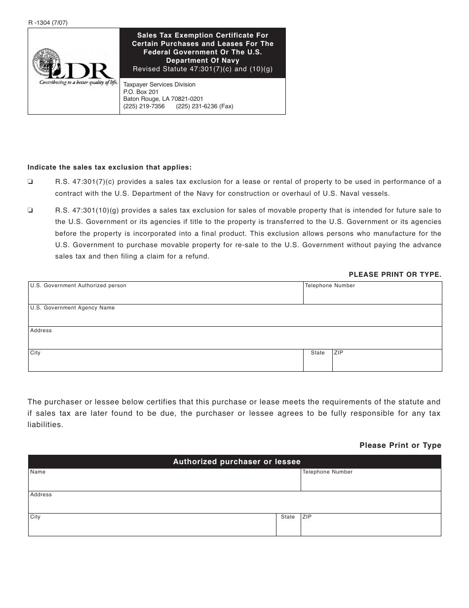 Form R-1304 Sales Tax Exemption Certificate for Certain Purchases and Leases for the Federal Government or the U.S. Department of Navy - Louisiana, Page 1