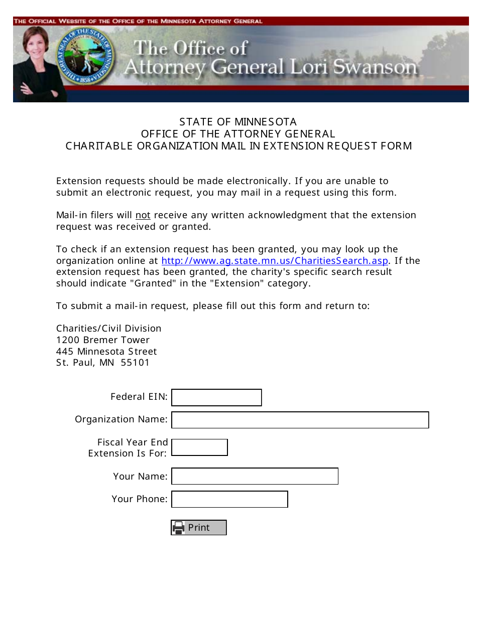 Charitable Organization Mail in Extension Request Form - Minnesota, Page 1