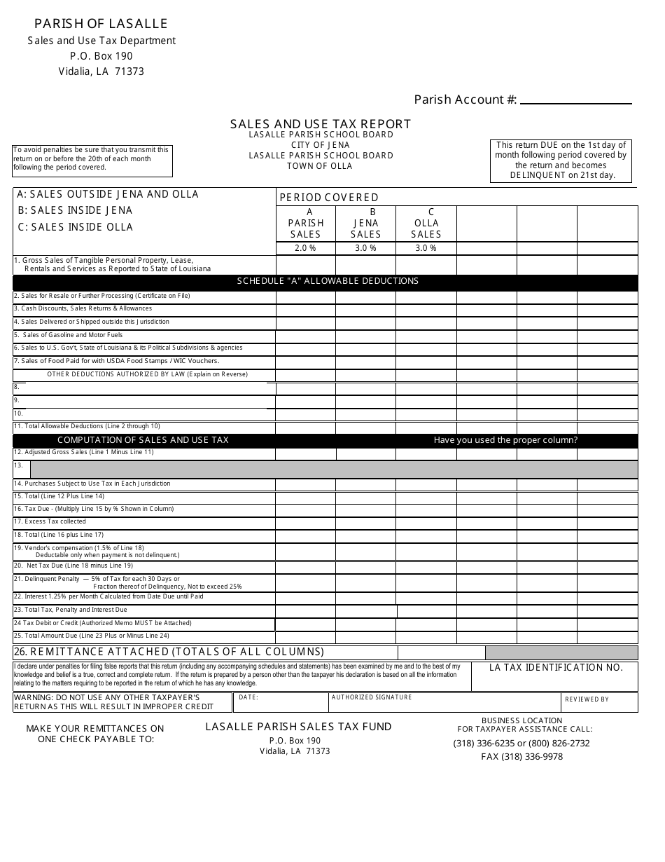 LaSalle Parish, Louisiana Sales and Use Tax Report Fill Out, Sign