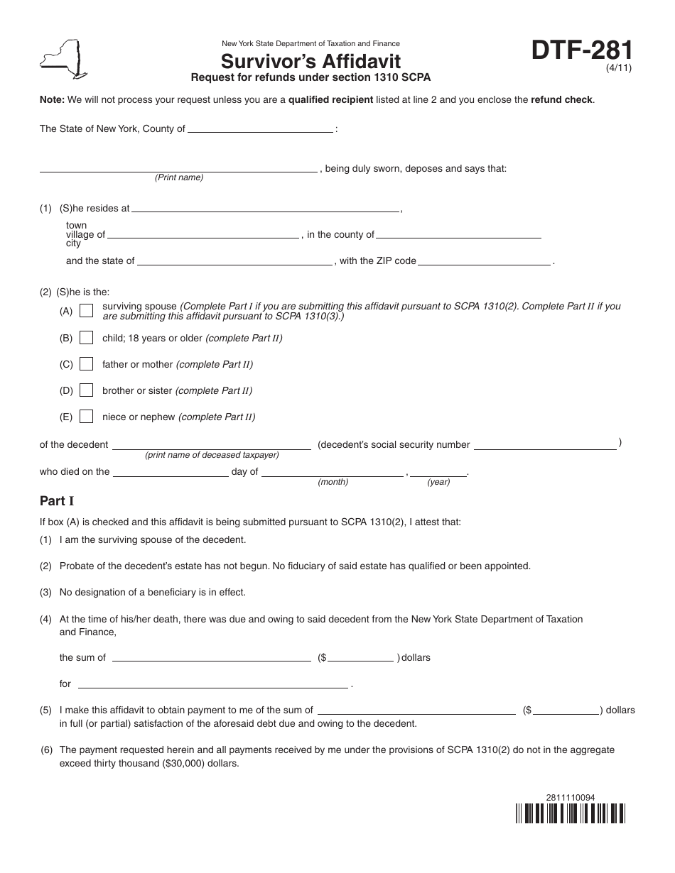 Form DTF-281 Survivors Affidavit (Request for Refunds Under Section 1310 Scpa) - New York, Page 1