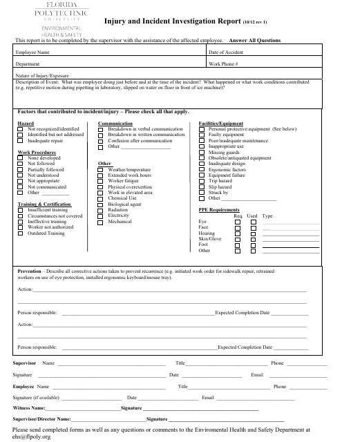 Injury and Incident Investigation Report Template - Florida Polytechnic University
