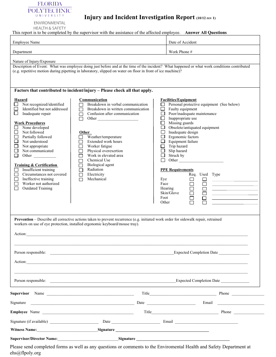 Injury and Incident Investigation Report Template - Florida Polytechnic University, Page 1