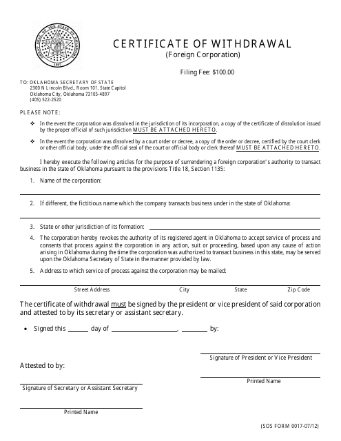 SOS Form 0017 Certificate of Withdrawal (Foreign Corporation) - Oklahoma
