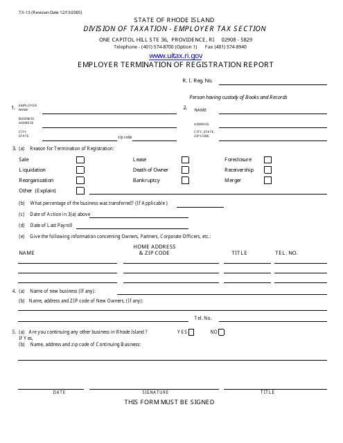 Form TX-13 Employer Termination of Registration Report - Rhode Island