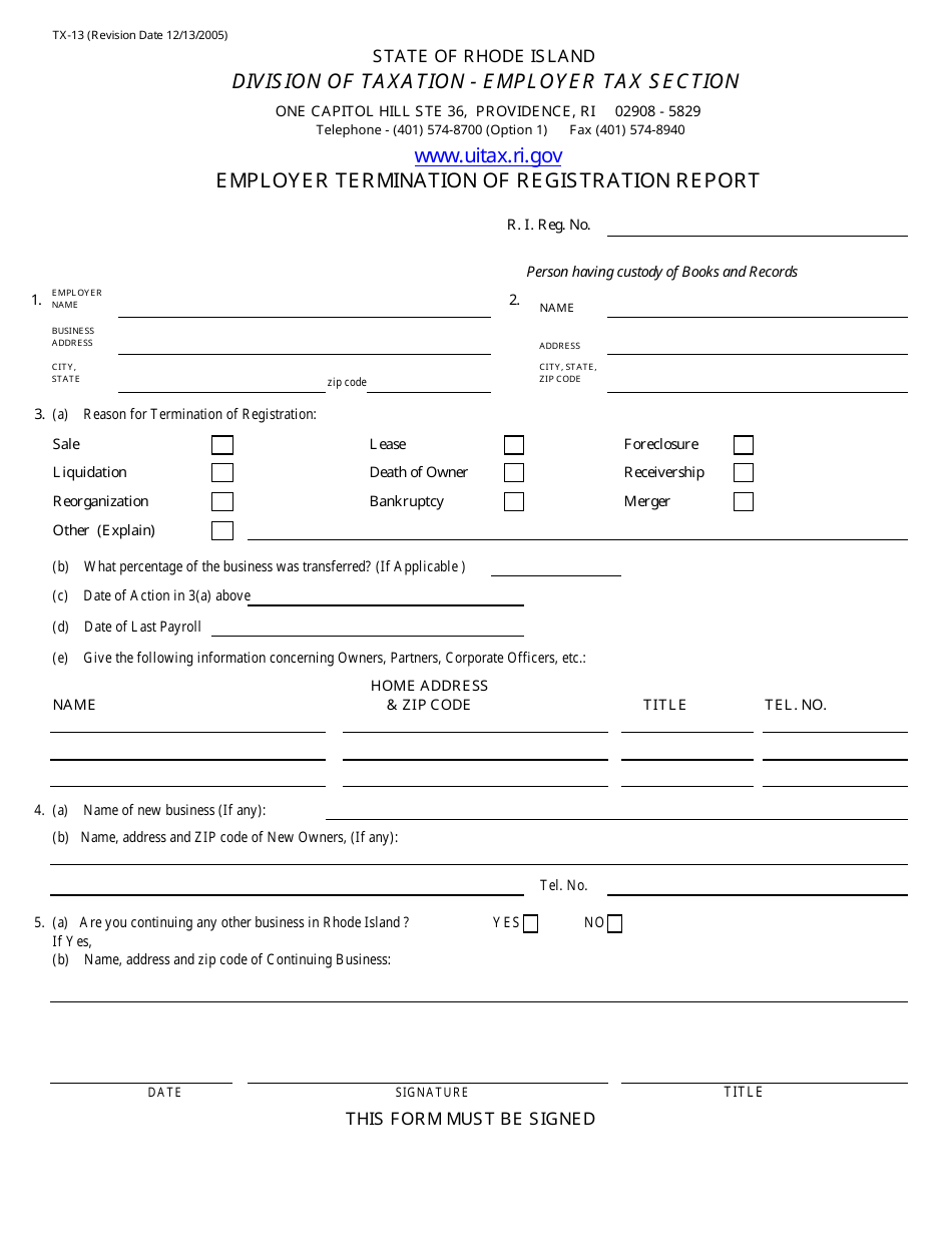 Form TX-13 Employer Termination of Registration Report - Rhode Island, Page 1