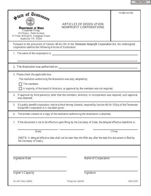 Form SS-4411 Articles of Dissolution Nonprofit Corporations - Tennessee