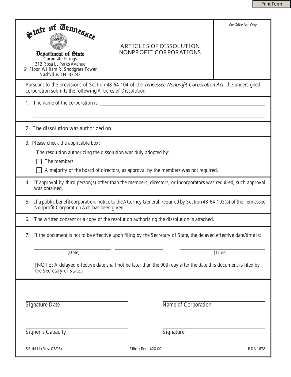 Form SS-4411 Articles of Dissolution Nonprofit Corporations - Tennessee, Page 1