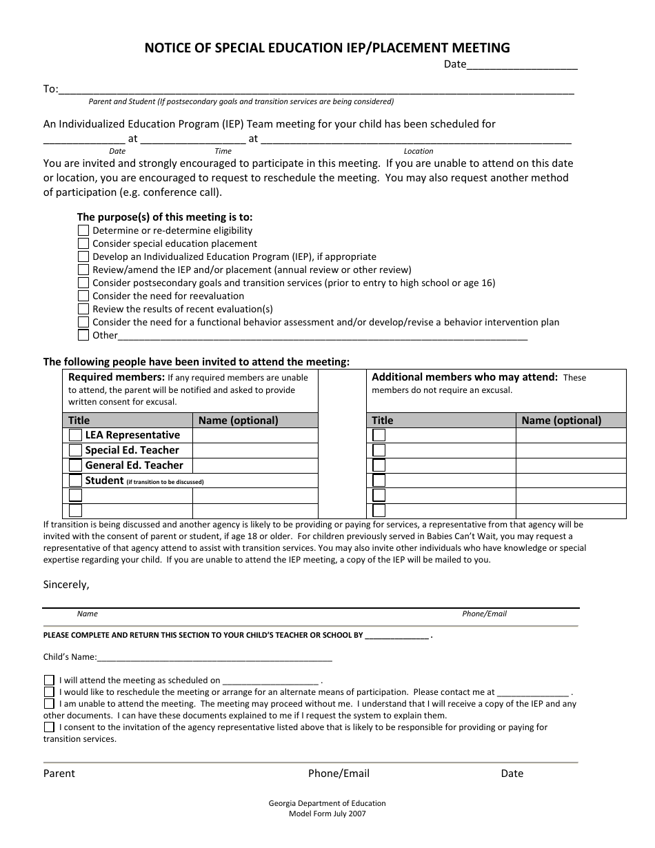 Notice of Special Education Iep / Placement Meeting - Georgia (United States), Page 1