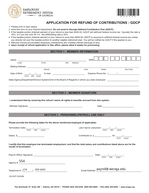 Application Form for Refund of Contributions - Gdcp - Georgia (United States) Download Pdf