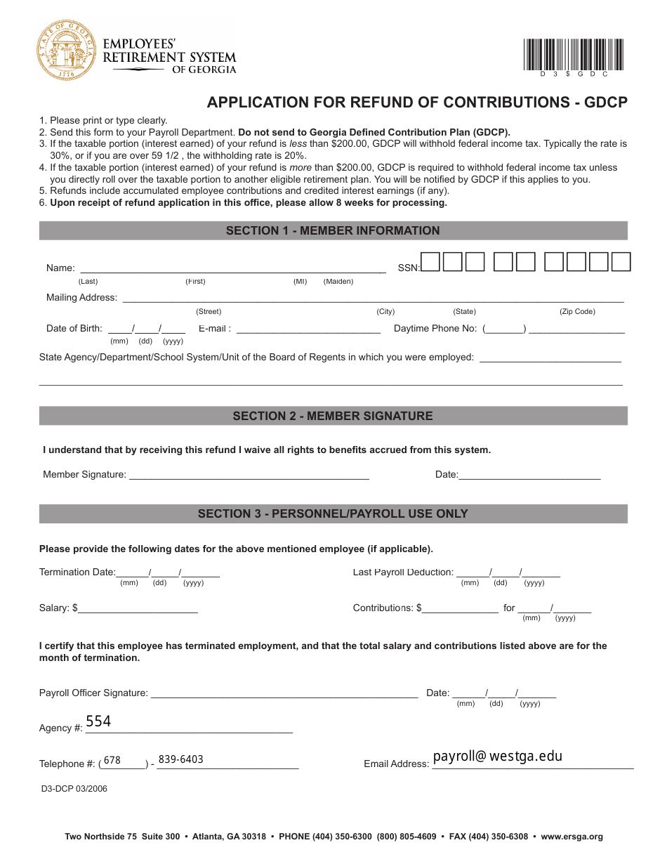 Application Form for Refund of Contributions - Gdcp - Georgia (United States), Page 1