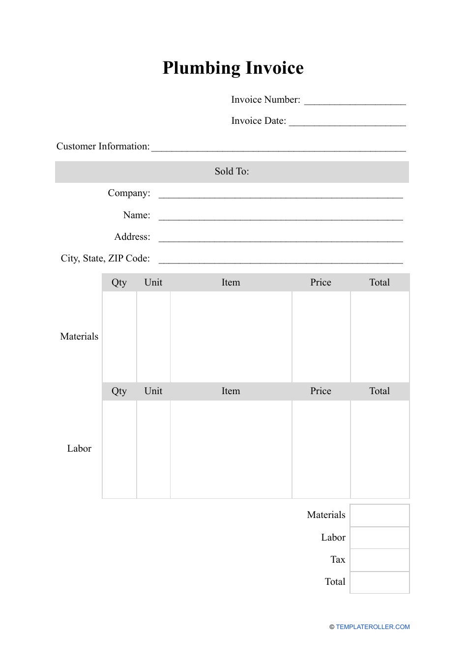 Plumbing Invoice Template Fill Out, Sign Online and Download PDF