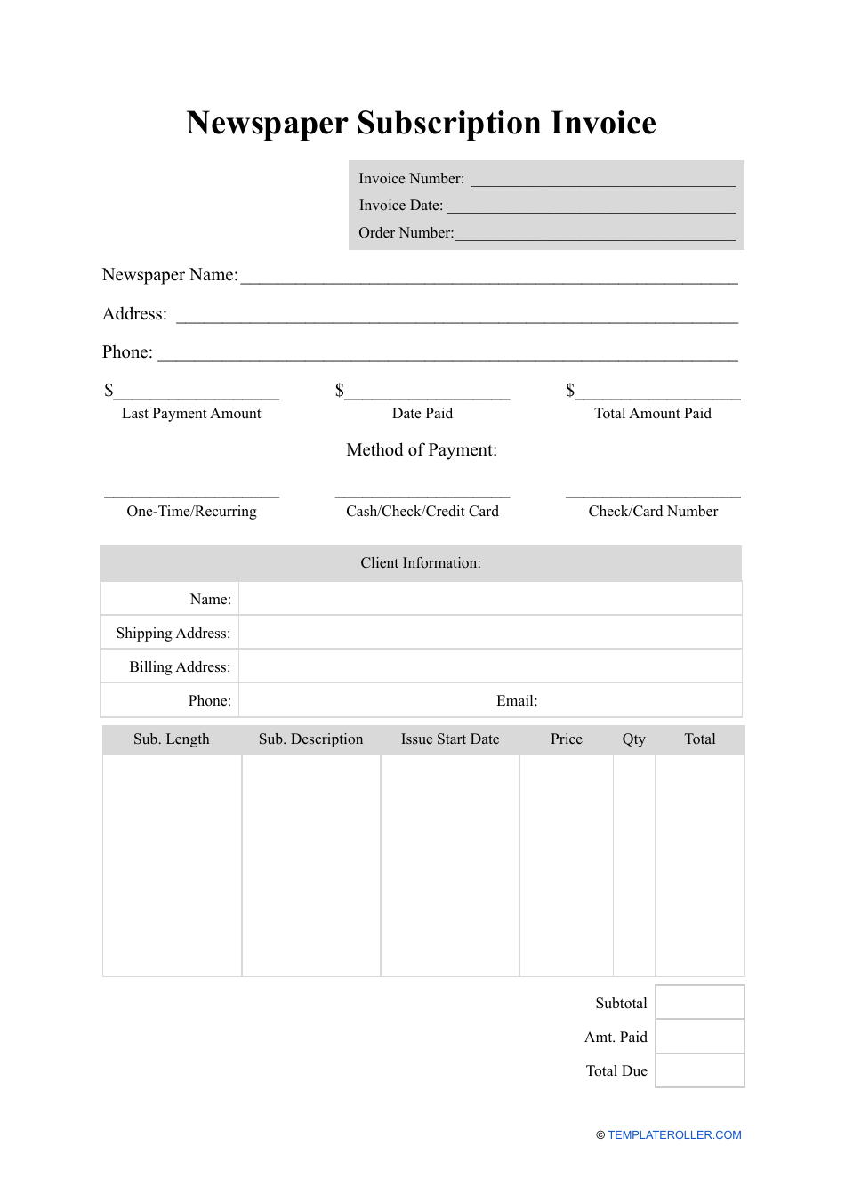 Newspaper Subscription Invoice Template, Page 1