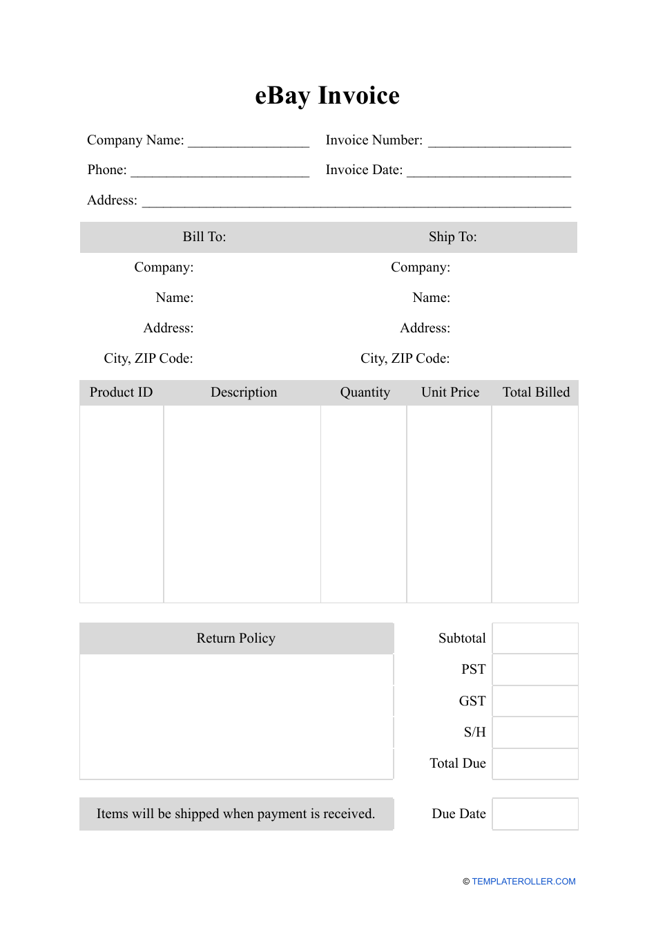 eBay Invoice Template, Page 1