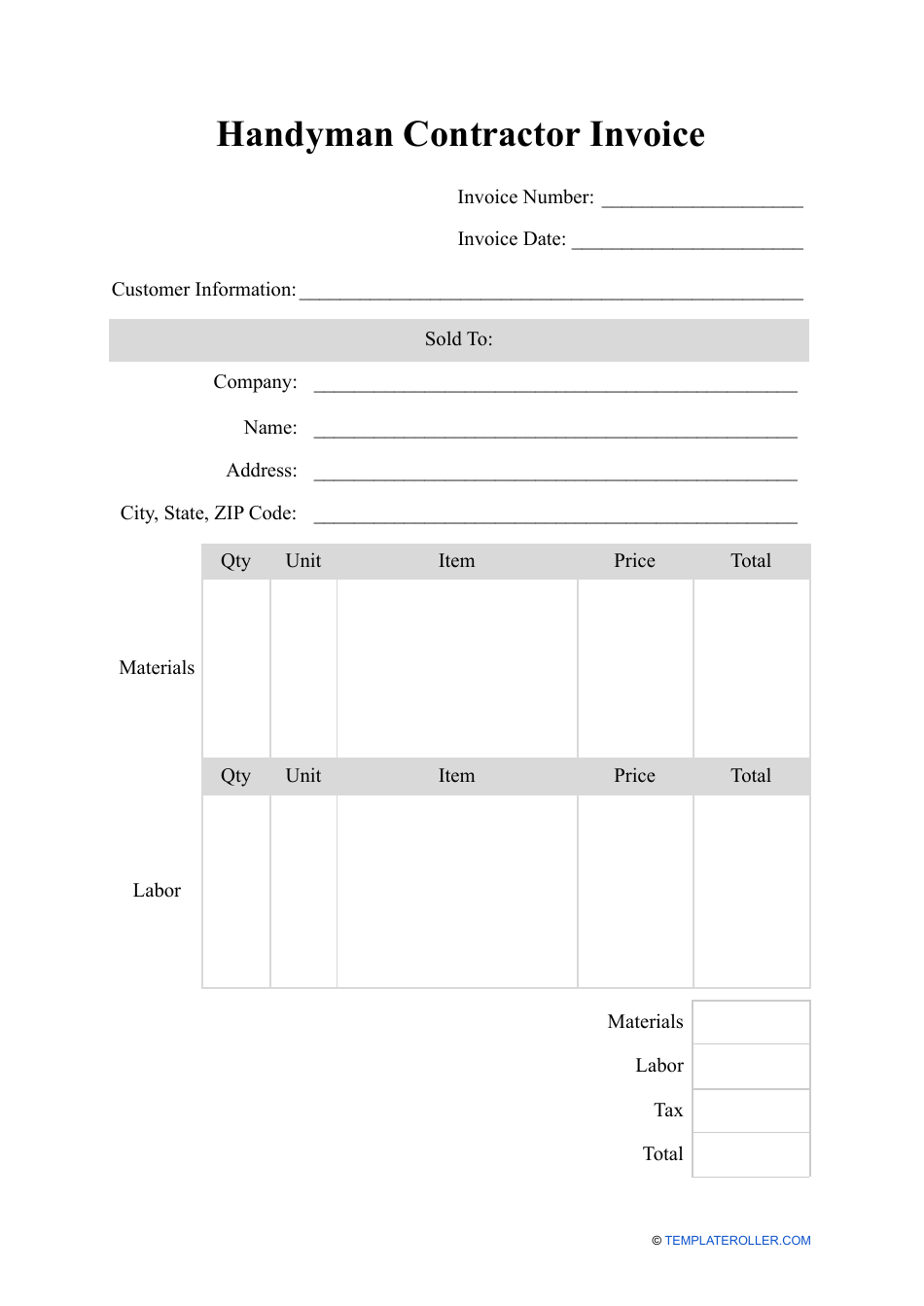 Handyman Contractor Invoice Template, Page 1