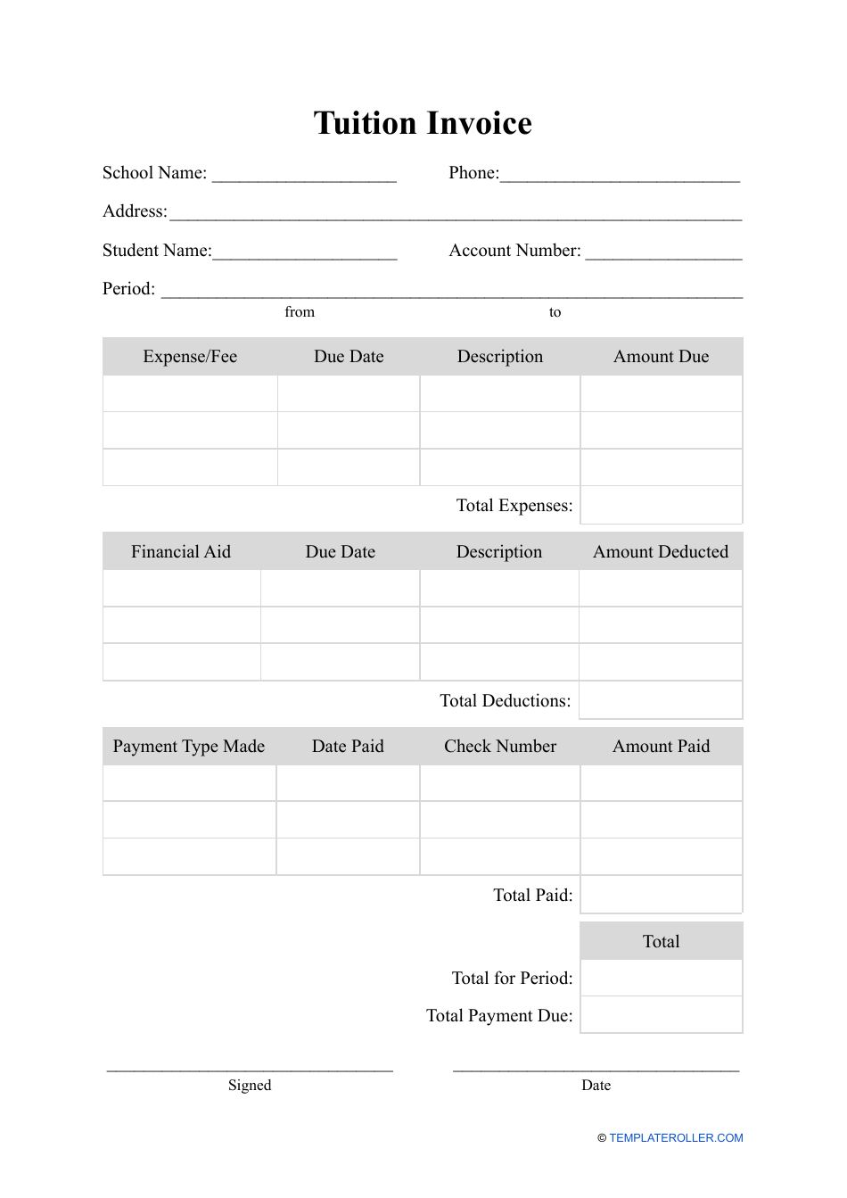 Tuition Invoice Template, Page 1