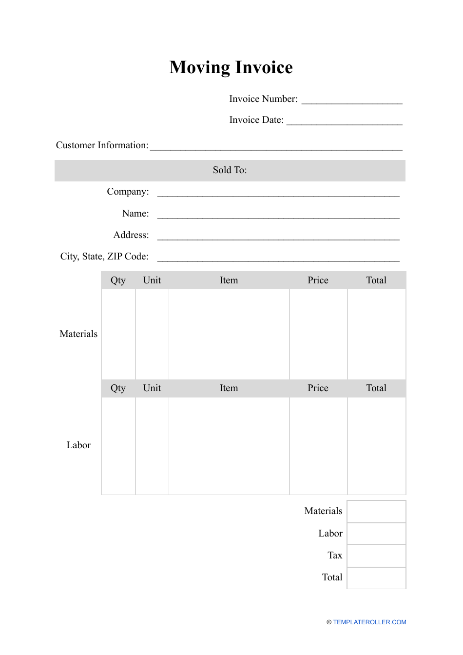 Moving Invoice Template Download Printable PDF  Templateroller Regarding Moving Company Invoice Template Free