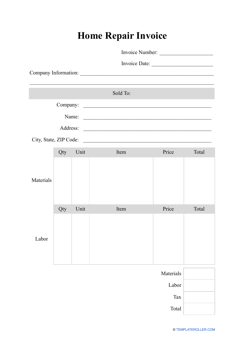 Home Repair Invoice Template Free