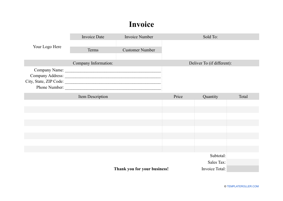 blank invoice template landscape download printable pdf