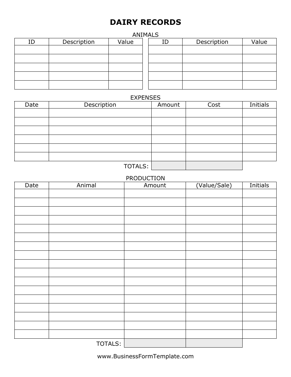 Dairy Records Template Download Printable PDF | Templateroller