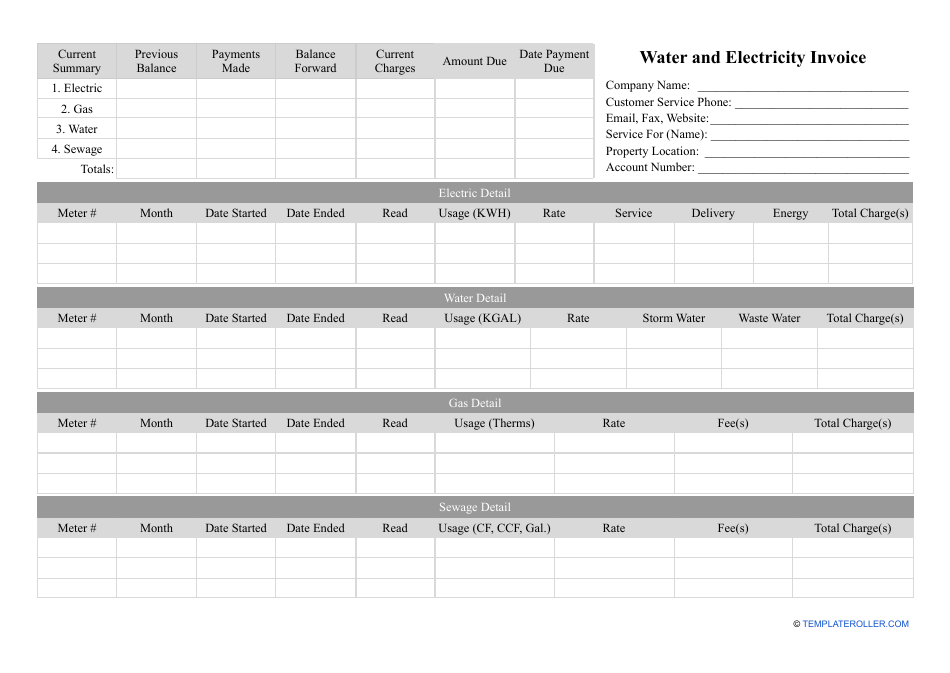 Water and Electricity Invoice Template, Page 1