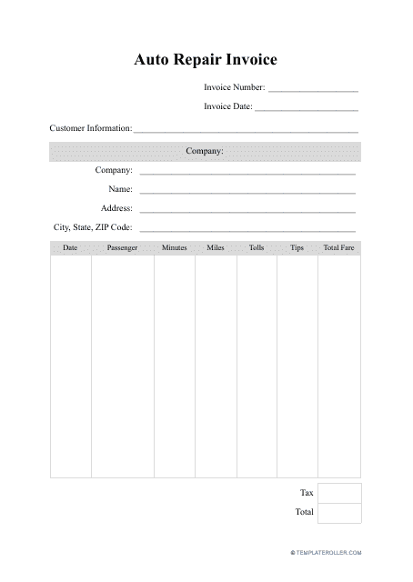 auto repair invoice template download printable pdf