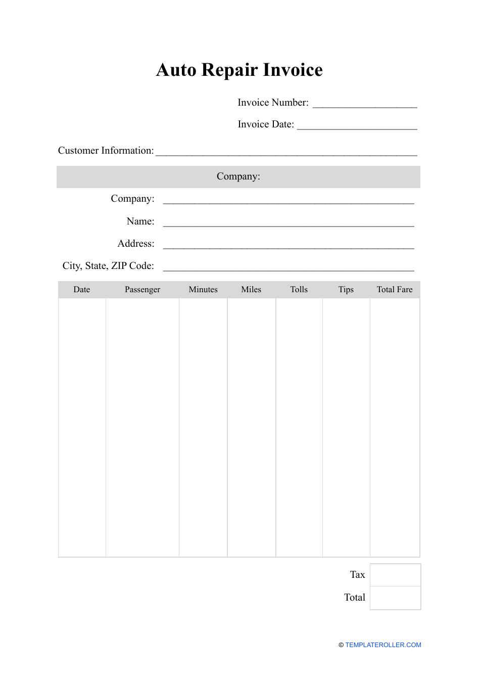 Pdf Free Printable Auto Repair Invoice Template