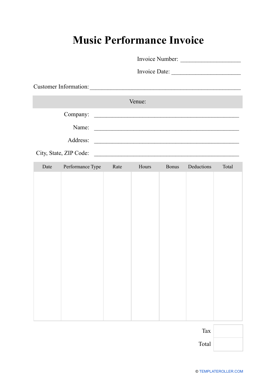 Music Performance Invoice Template Download Printable PDF Templateroller