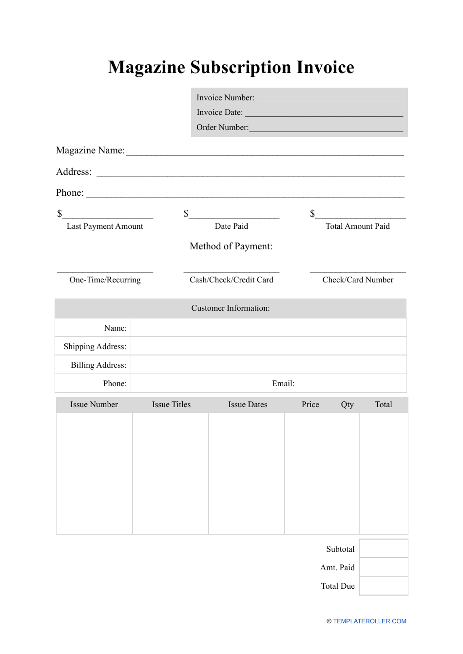 Magazine Subscription Invoice Template, Page 1