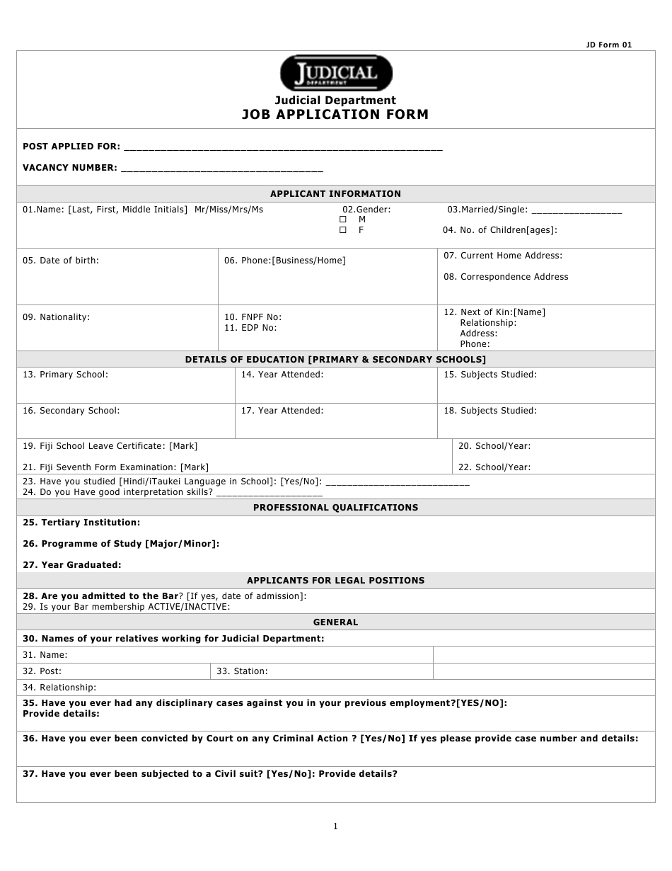 Form 01 Job Application Form - Fiji, Page 1