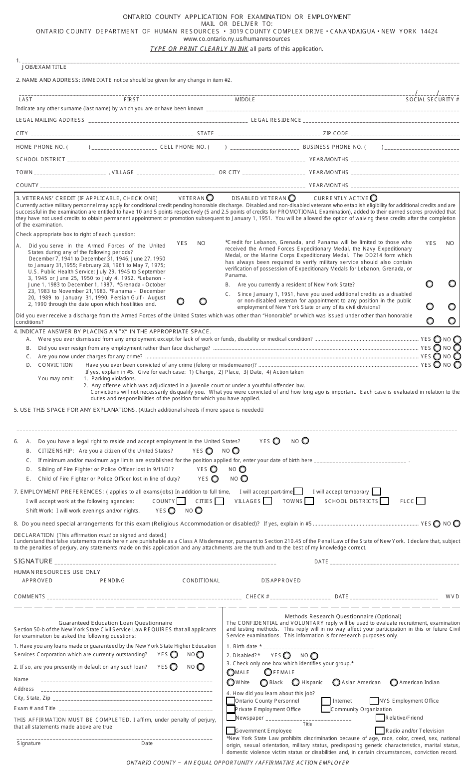 Application Form for Examination or Employment - Ontario County, New York, Page 1