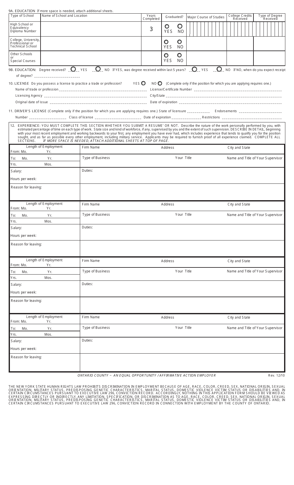Ontario County New York Application Form For Examination Or Employment Fill Out Sign Online 0593