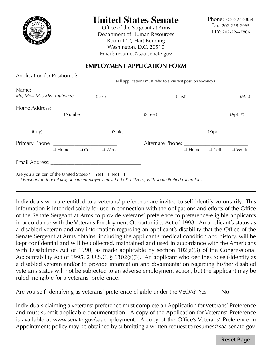 Employment Application Form, Page 1