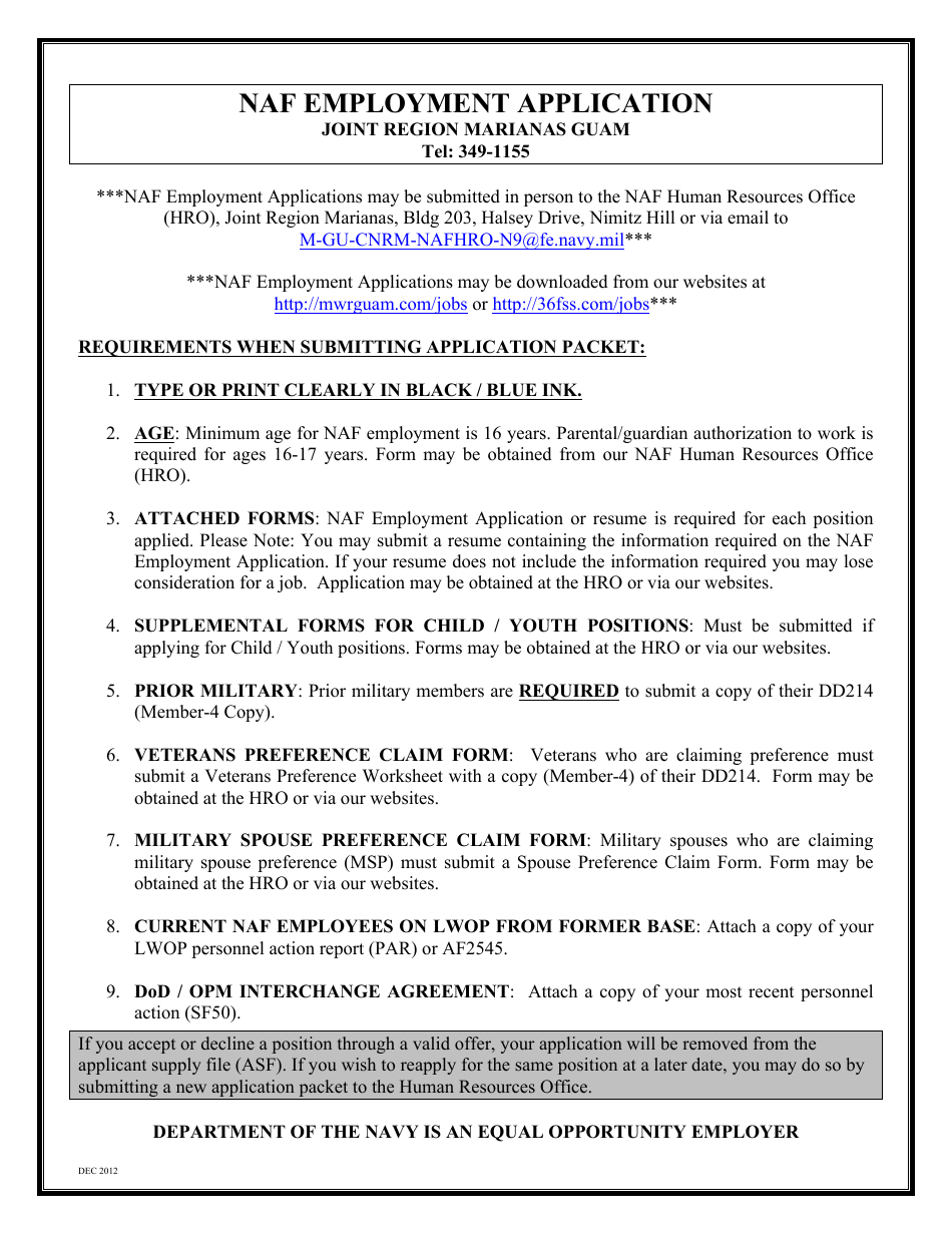 NAF Employment Application Form, Page 1