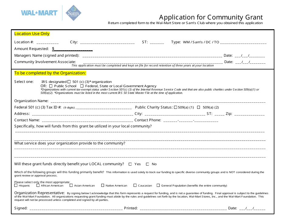 Community Grant Application Form - Walmart, Page 1