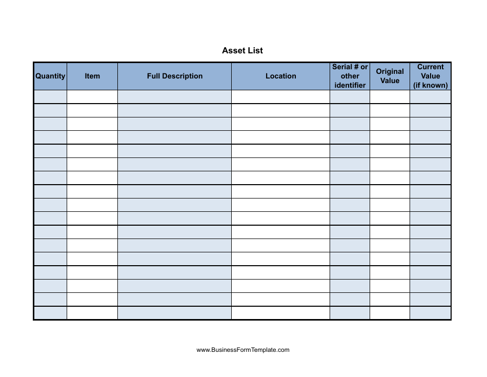 A preview of the Asset List Template document