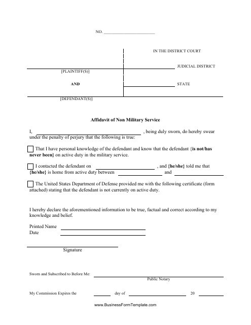 &quot;Affidavit of Non-military Service Form&quot; Download Pdf