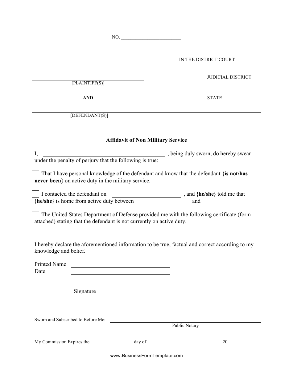 Affidavit of Non-military Service Form, Page 1