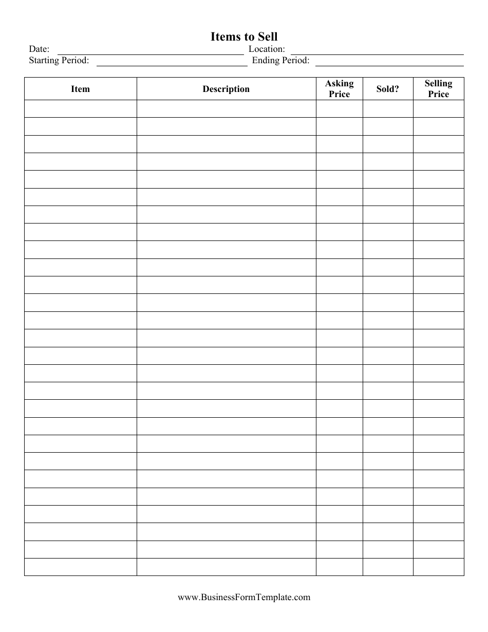 Item to Sell Spreadsheet Template, Page 1