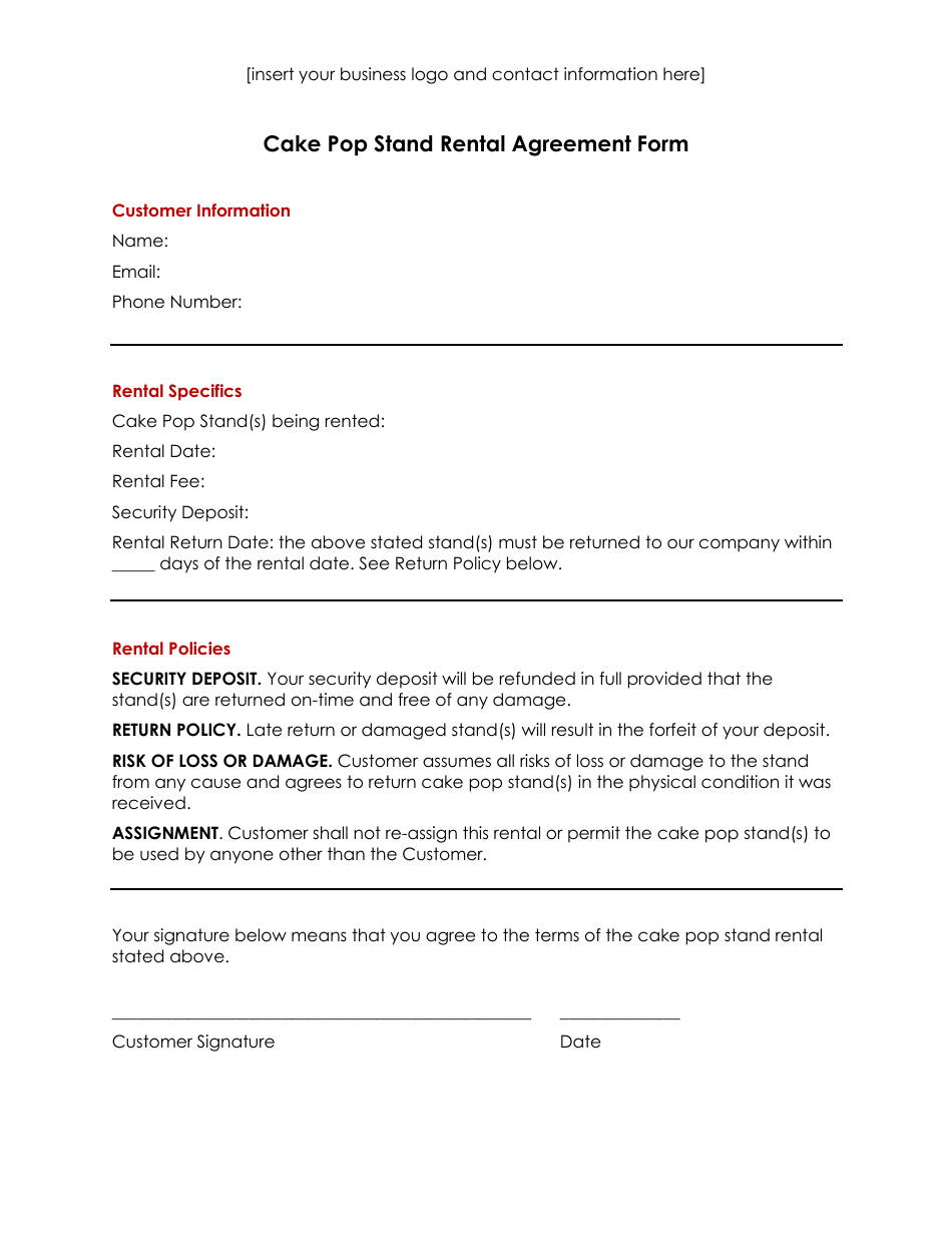 Cake Pop Stand Rental Agreement Form, Page 1