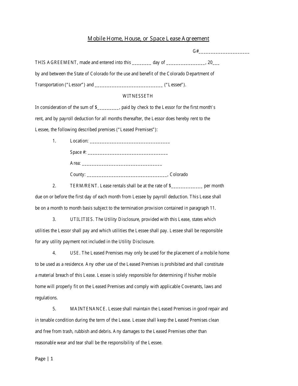 Mobile Home, House, or Space Lease Agreement Form - Colorado, Page 1