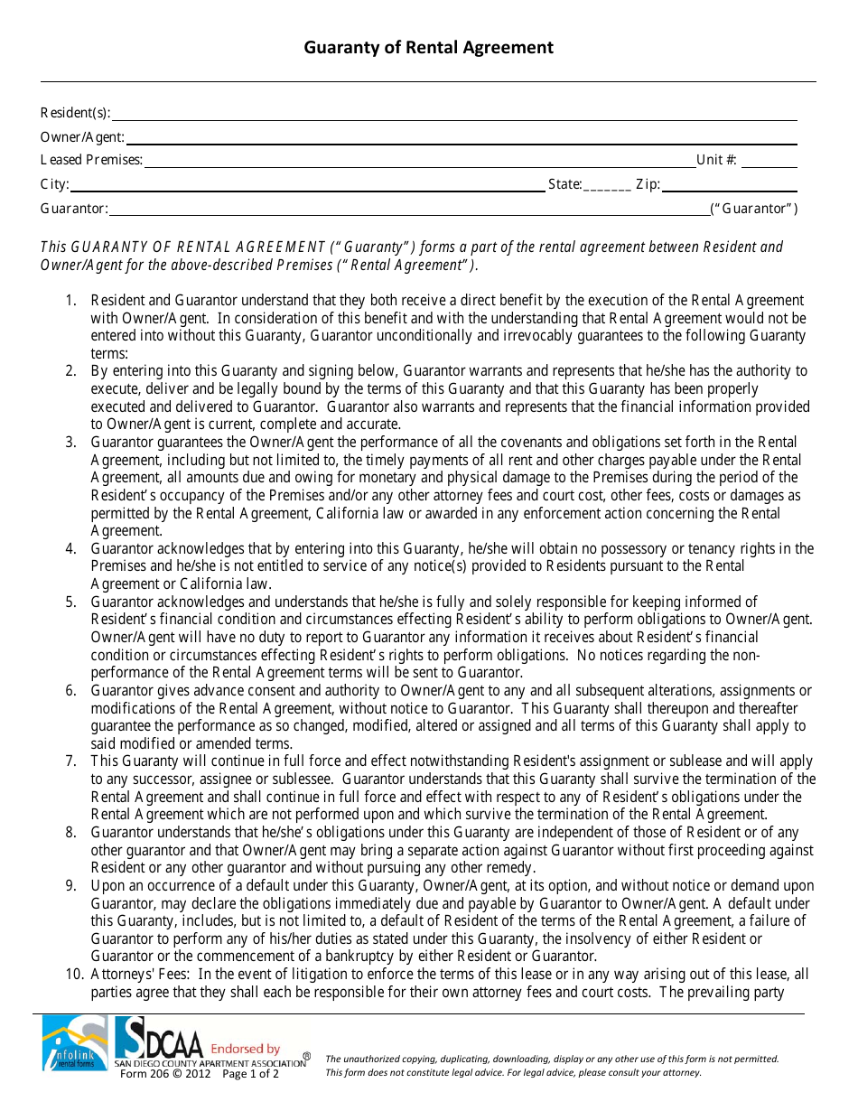 Guaranty of Rental Agreement Template - San Diego County Apartment Association - San Diego County, California, Page 1