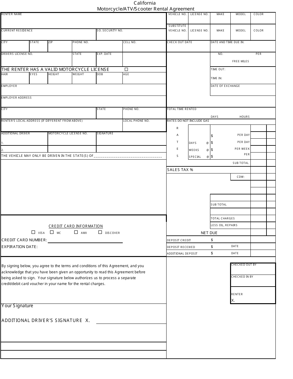 Motorcycle/Atv/Scooter Rental Agreement Form - California, Page 1