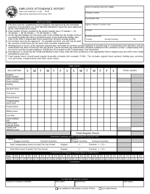 Form A-4 (State Form 14304) Employee Attendance Report - Indiana