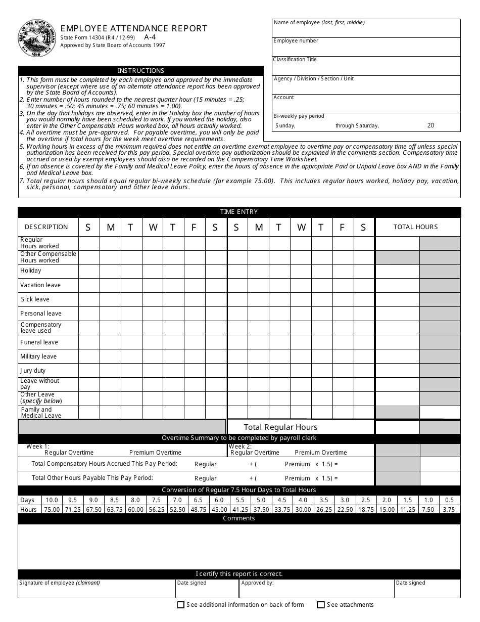 Form A-4 (State Form 14304) Employee Attendance Report - Indiana, Page 1
