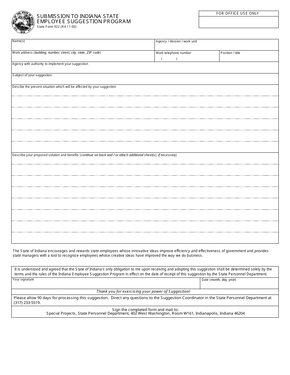 State Form 922 Submission to Indiana State Employee Suggestion Program - Indiana, Page 1